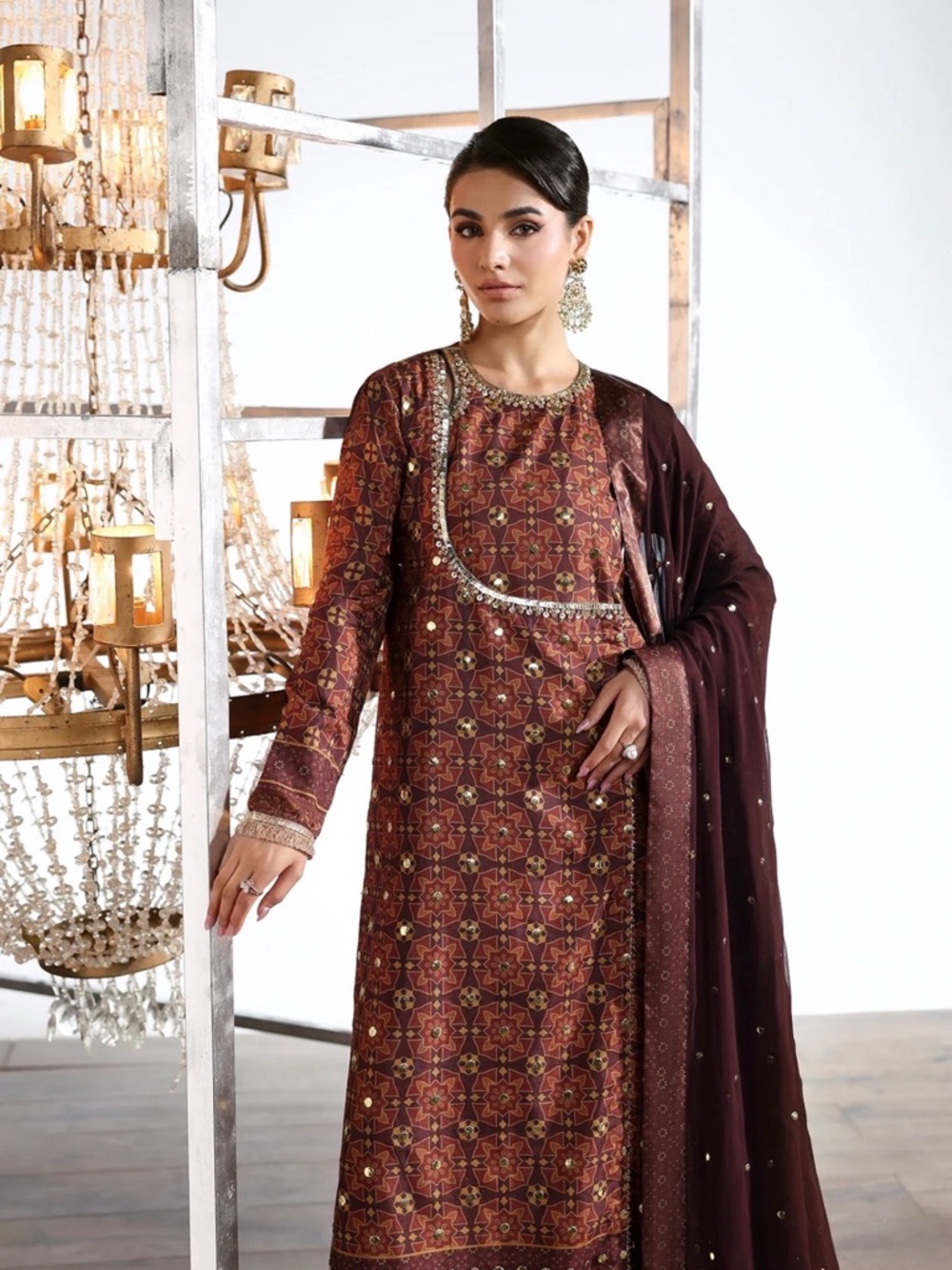 Embellished Maroon Long Dress with Sheer Dupatta - Picture 4 of 9